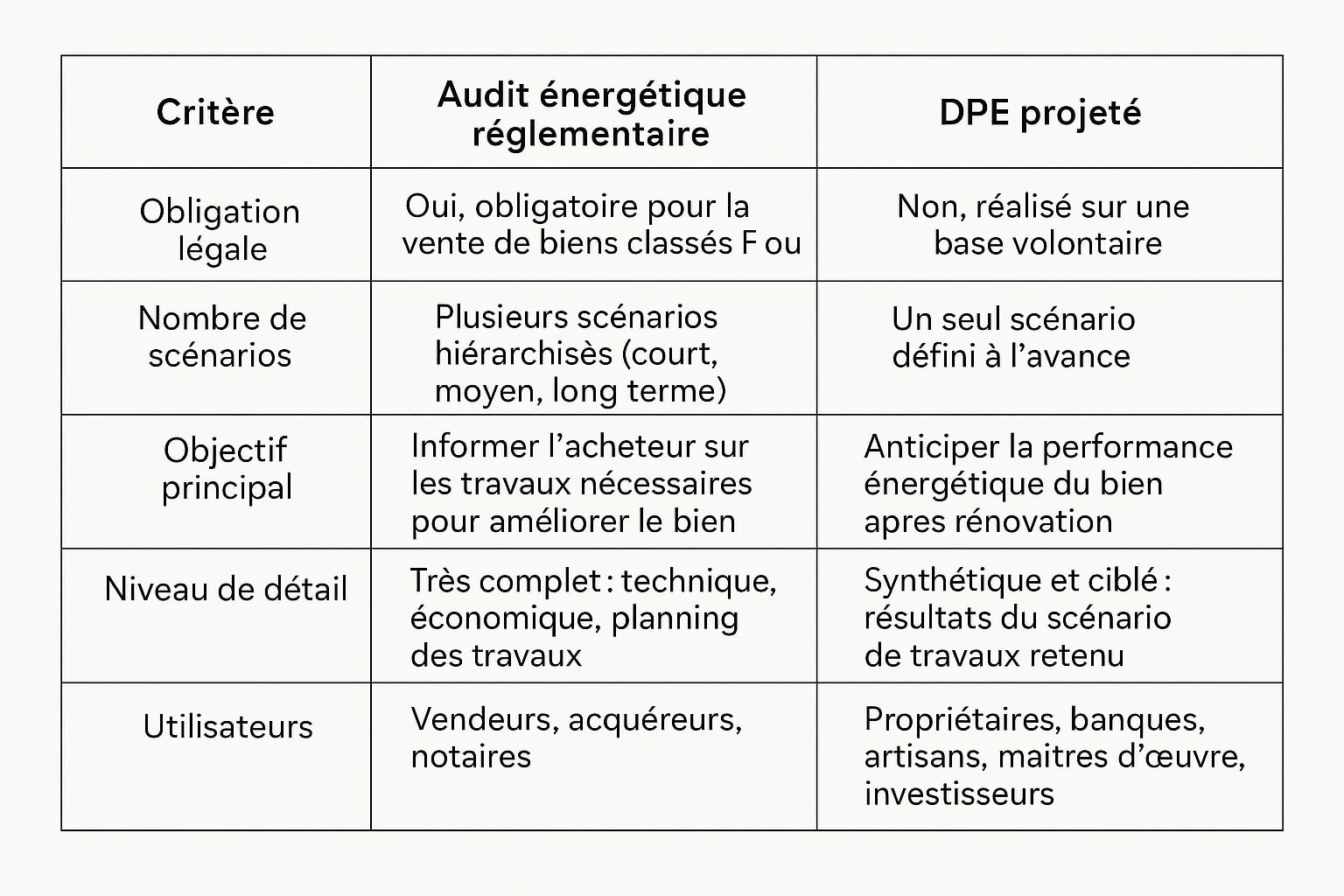 Photo du tableau comparatif entre DPE et Projection