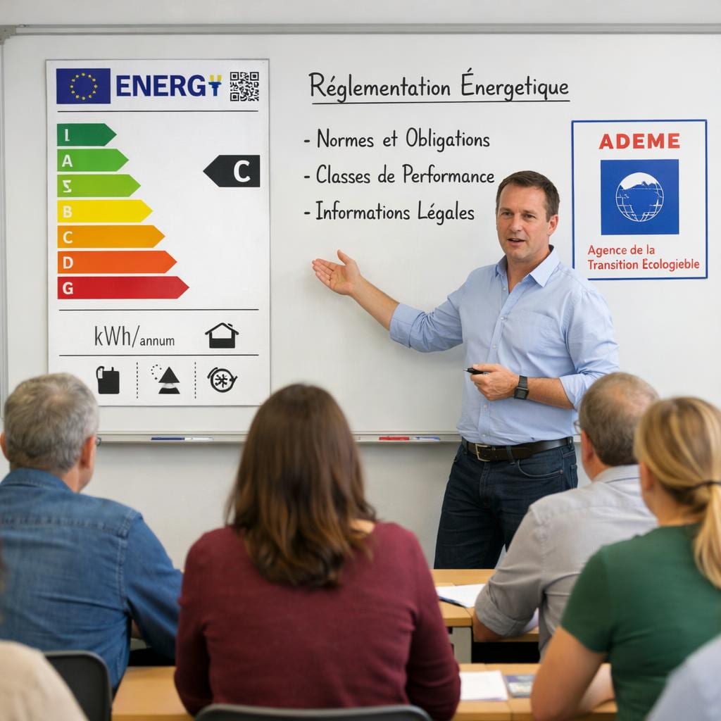 Illustration d'un diagnostiqueur expliquant la réforme à des clients